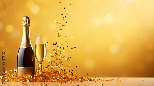  Golden champagne with a Celebration background theme and confetti stars. Christmas party,Happy New Year, happy birthday, or wedding concept