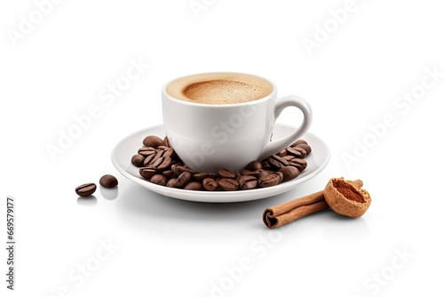 Cup of coffee preparation ingredients on white table background.Generative AI 