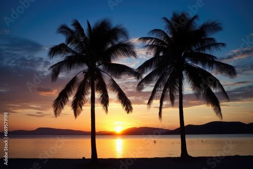 palm trees on the beach at sunset 