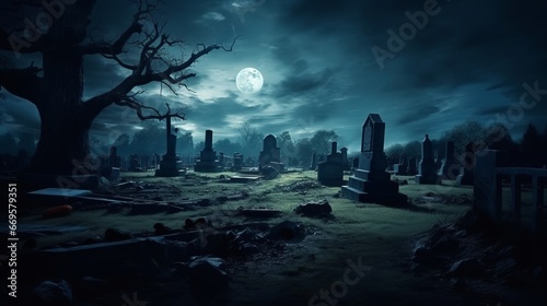 A cemetery at night with a full moon in the sky
