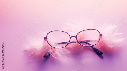 Black glasses laying on top of a pink feather