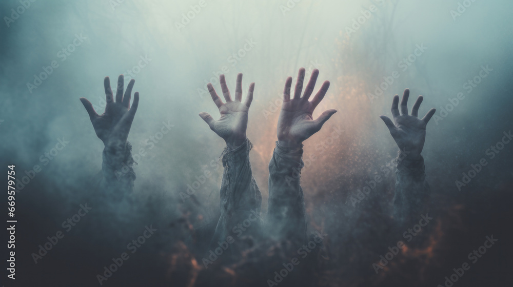 A group of hands reaching up into the air