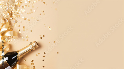 
Golden champagne with a Celebration background theme and confetti stars. Christmas party,Happy New Year, happy birthday, or wedding concept