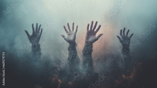 A group of hands reaching up into the air