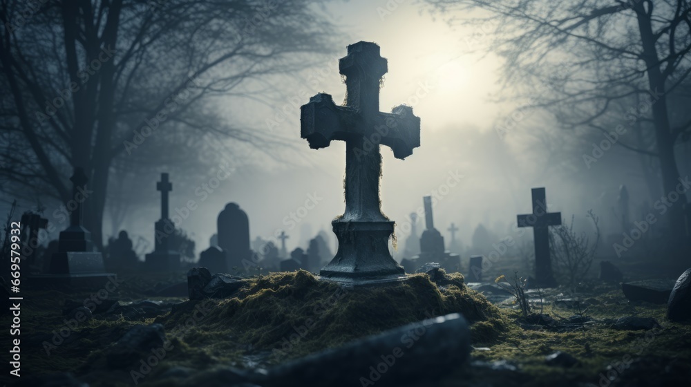 A cemetery with a cross in the middle of it A cemetery with a cross in the middle of it