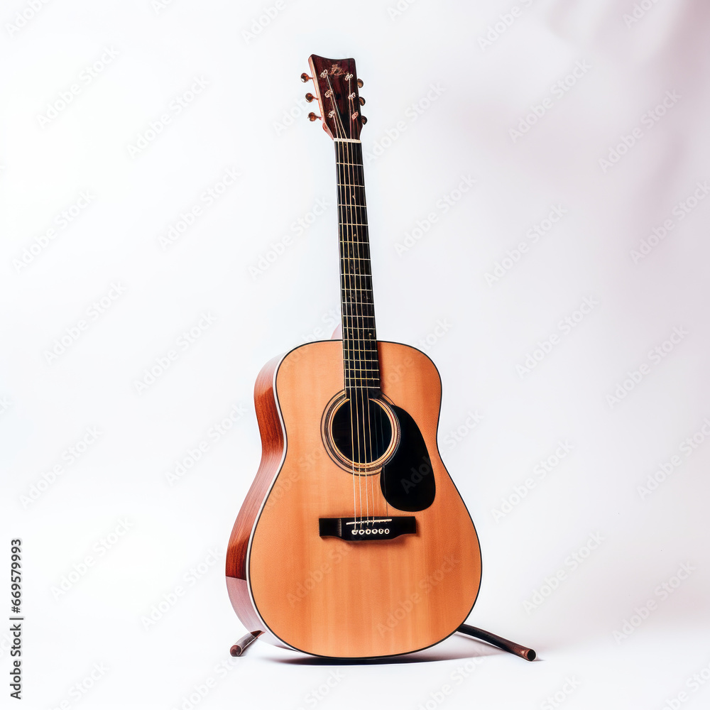 Obraz premium Acoustic guitar on stand, wooden body, white background.