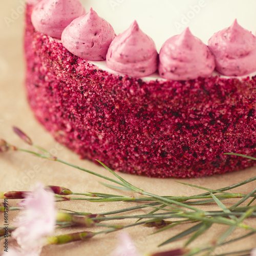 Wallpaper Mural Bakery, candy shop concept. Close-up image of amazing bird cherry cake with white and pirple topping. Natural light. Indoor shot Torontodigital.ca