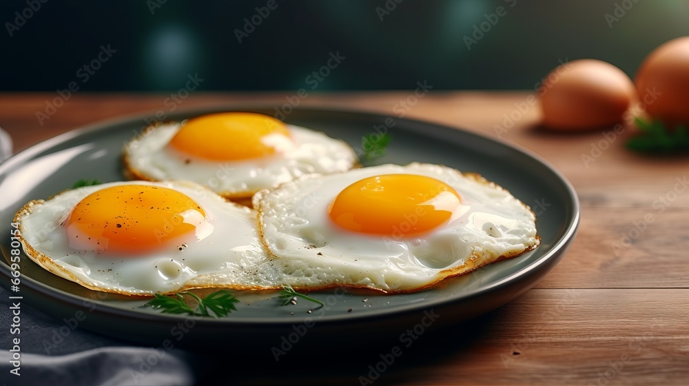 Three fried eggs are on a plate on a table Three fried eggs are on a plate on a table