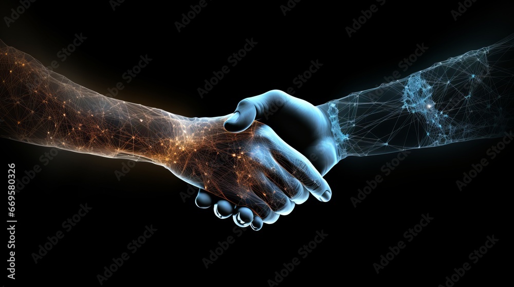 Illustration two wire-frame glowing hands, handshake, technology, business, trust concept