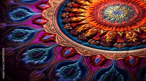 A close up of a colorful vibrant carpet original design