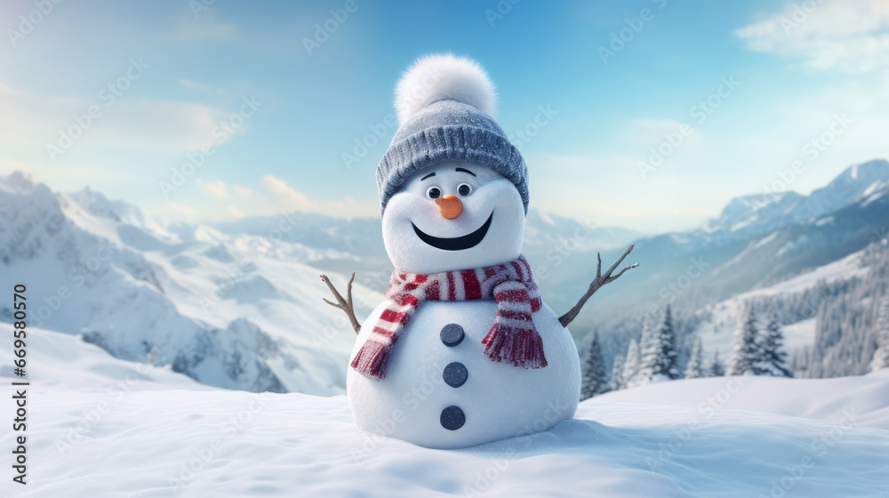Obraz premium A snowman is standing in the middle of a snowy forest