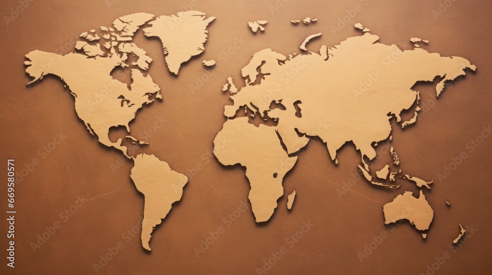 authentic world map on brown paper, copy space, 16:9