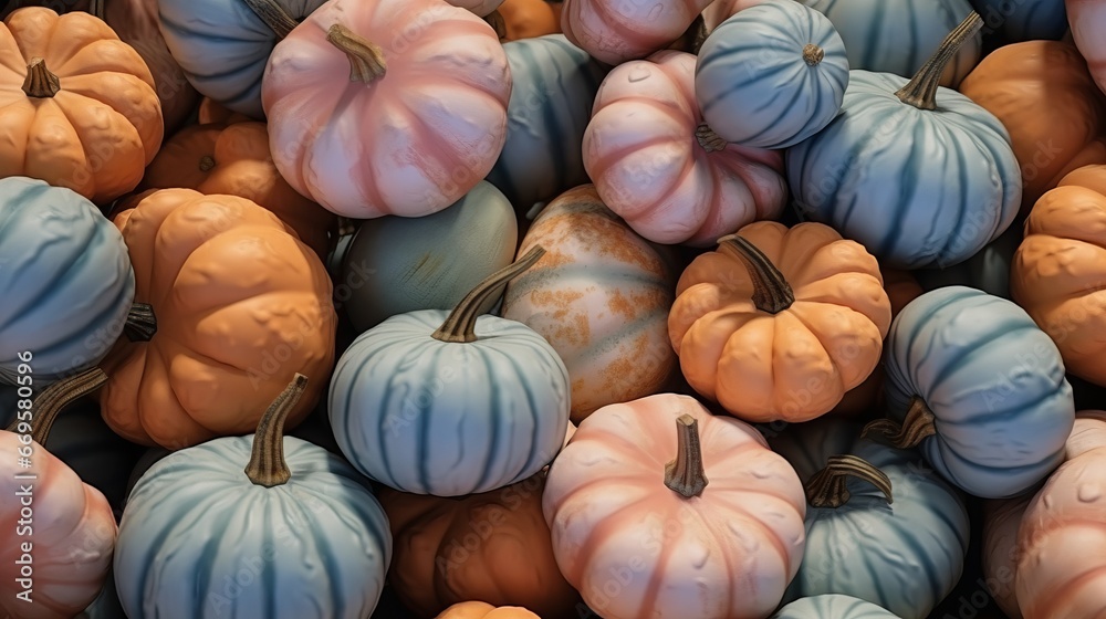 A pile of small pumpkins sitting next to each other