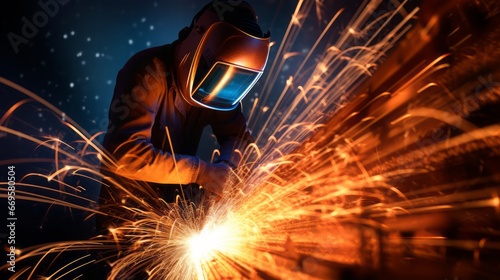 close-up shots of arc welding with sparks, copy space, 16:9 © Christian