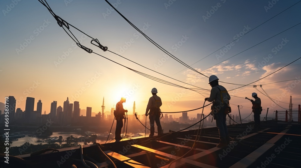 A group of man working on a power line