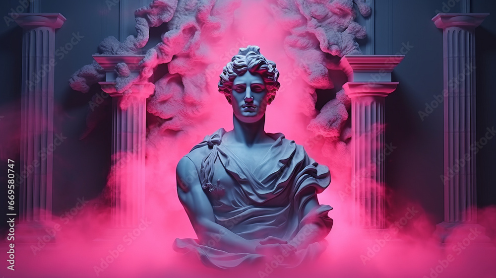 A statue of a man with a pink background