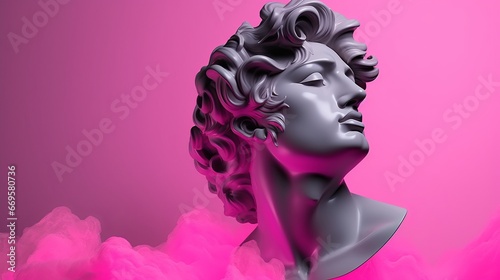 A statue of a woman with a pink background