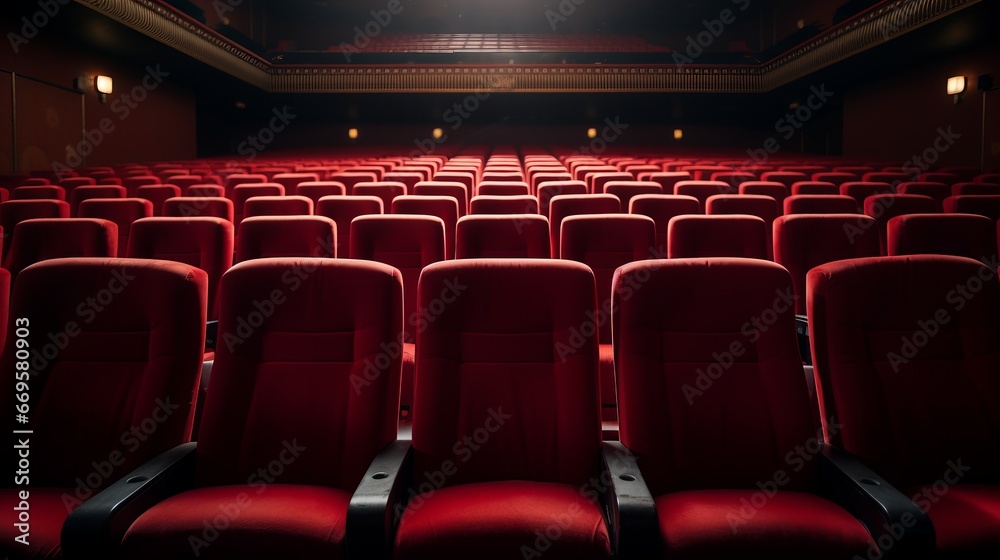 A row of red seats in a cinema theater - obrazy, fototapety, plakaty 