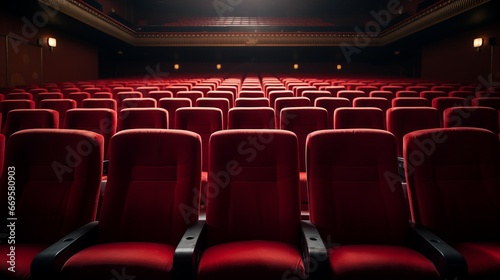 A row of red seats in a cinema theater