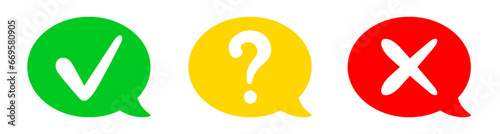 Check mark, cross and question sign. Yes, maybe and no concept. Green, yellow and red speech bubbles. X mark