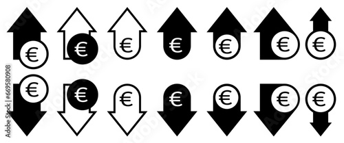 Set of black arrows with euro currency sign. Increase and decrease, growth and reduce concept. Arrows pointed up and down. Financial, stock, business profit, progress, loss. Rise and fall
