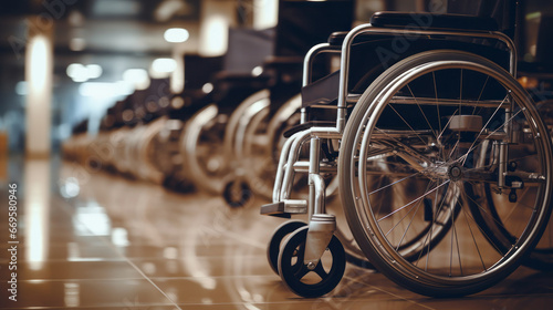 A row of empty wheelchairs in a hospital hallway