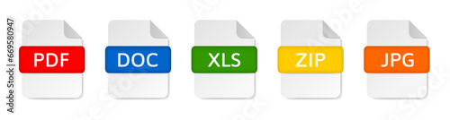 File type icons. Pdf, doc and xls document formats. Zip and jpg file extensions.
