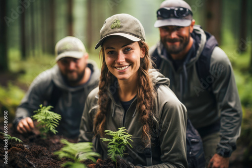A group of people are planting plants in a forest.