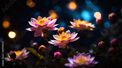 Beautiful flowers. Magical shine. Blurred background  bokeh. AI