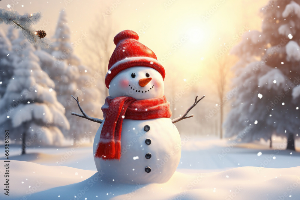 Snowman in a red hat and scarf in a winter sunny forest. Christmas concept