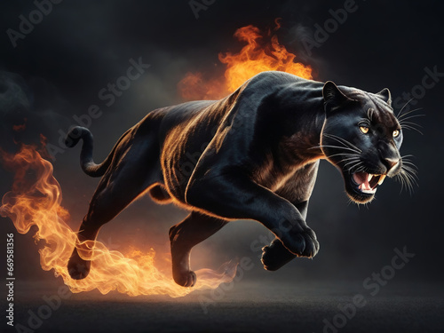 The black panther runs through the fiery flames. Fantasy. AI