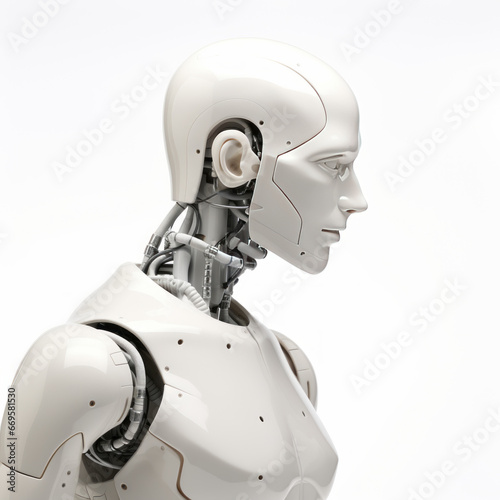 Profile of a humanoid robot head and upper torso on white background