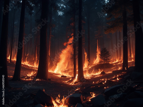 Forest fires. Vegetation Gorenje in the forest. Destruction of flora and fauna. Environmental damage. AI