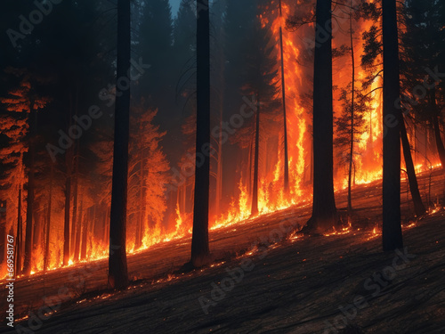 Forest fires. Vegetation Gorenje in the forest. Destruction of flora and fauna. Environmental damage. AI photo