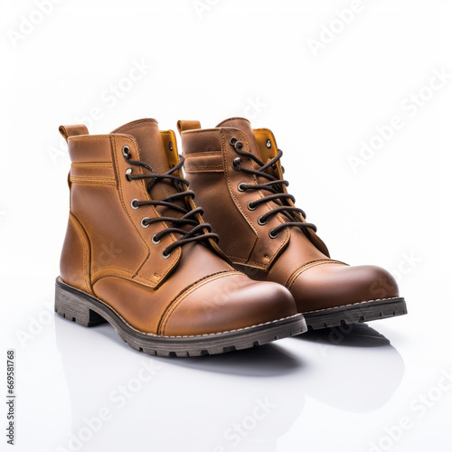 Tan leather lace-up boots with rugged soles on reflective surface