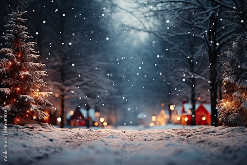Winter evening forest, New Year's background, bokeh