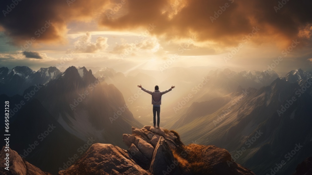 person standing on a mountaintop, arms raised in triump, concept: success, copy space, 16:9 - obrazy, fototapety, plakaty 