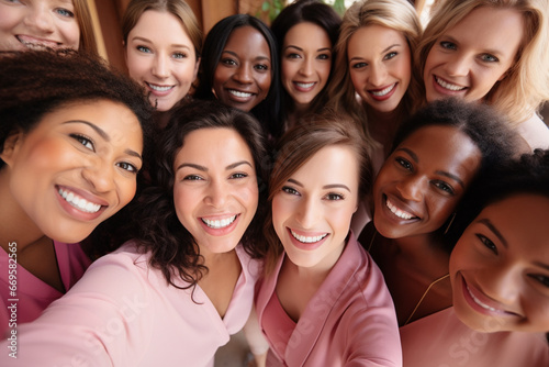 Multiethnic company of young beautiful women - bridesmaids, take a selfie at a wedding or engagement.