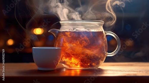 Hot tea in a glass teapot on a wooden table. Tea concept with a copy space.