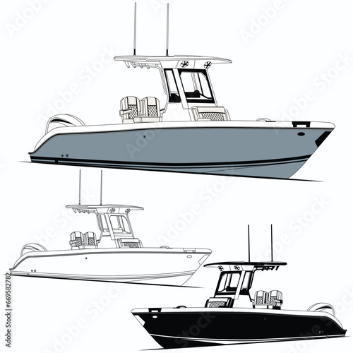 Vector Line Art Illustration of a Fishing Boat and one color
