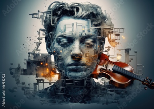 A surrealistic image of a lyricist's face merging with musical instruments, creating a visually