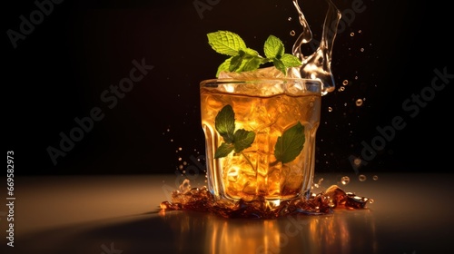 Ice tea with lime, mint and ice on black background. Coffee concept with a copy space.