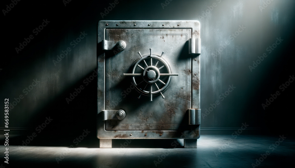 Old metal safe in dark room with light and smoke. Generative AI - obrazy, fototapety, plakaty 