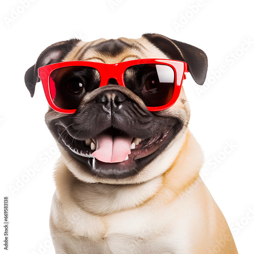 Pug dog in red sunglasses is happy in summer on transparent background PNG © I LOVE PNG