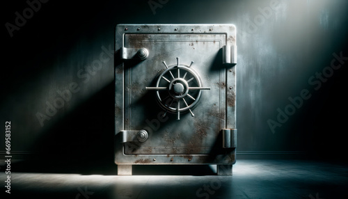 Old metal safe in dark room with light and smoke. Generative AI photo