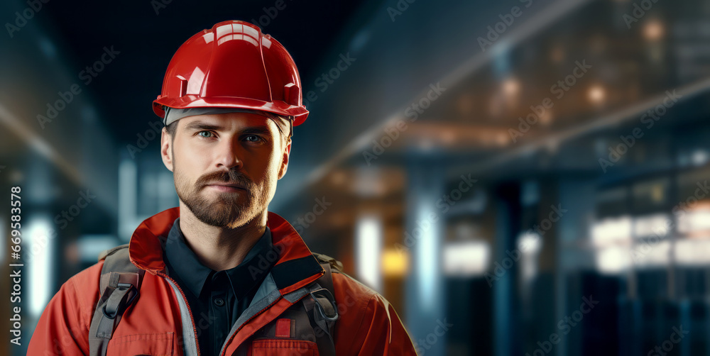 Obraz premium Portrait of a serious male worker in a red helmet on the background of the night city. Generative AI