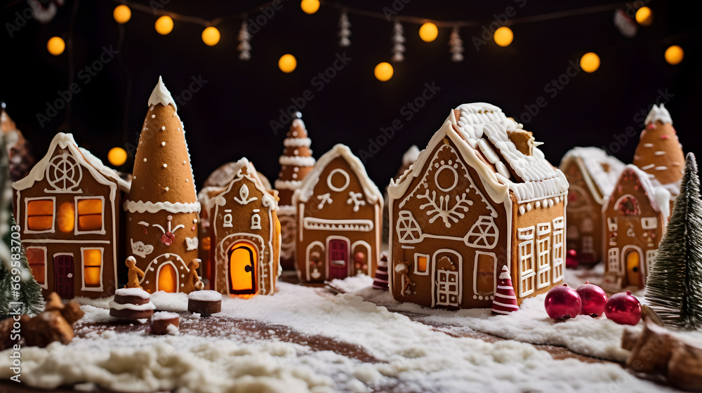 Small Gingerbread Houses Decorated with White Icing and Colorful Candied Fruit, Sweet and Festive Christmas Atmosphere. HQ 4K