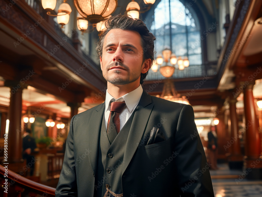 Fototapeta premium Portrait of a handsome young man in the interior of the hotel. Generative AI