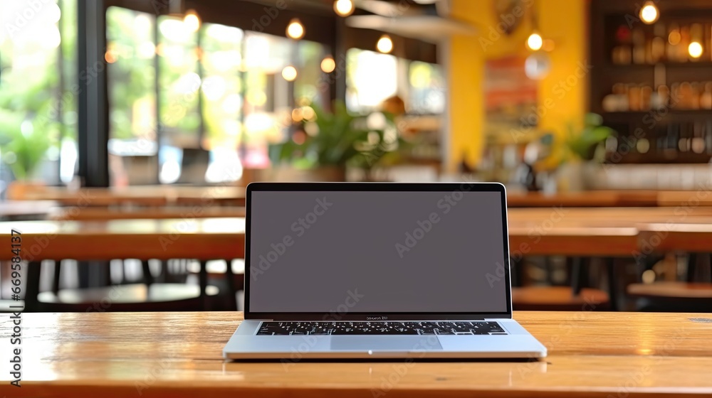 Blank screen laptop mockup with a cup of coffee in cafe Blank screen laptop mockup with a cup of coffee in cafe