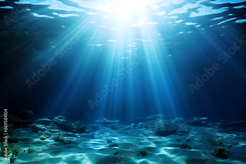 underwater scene in the ocean with rays of light from the surface
